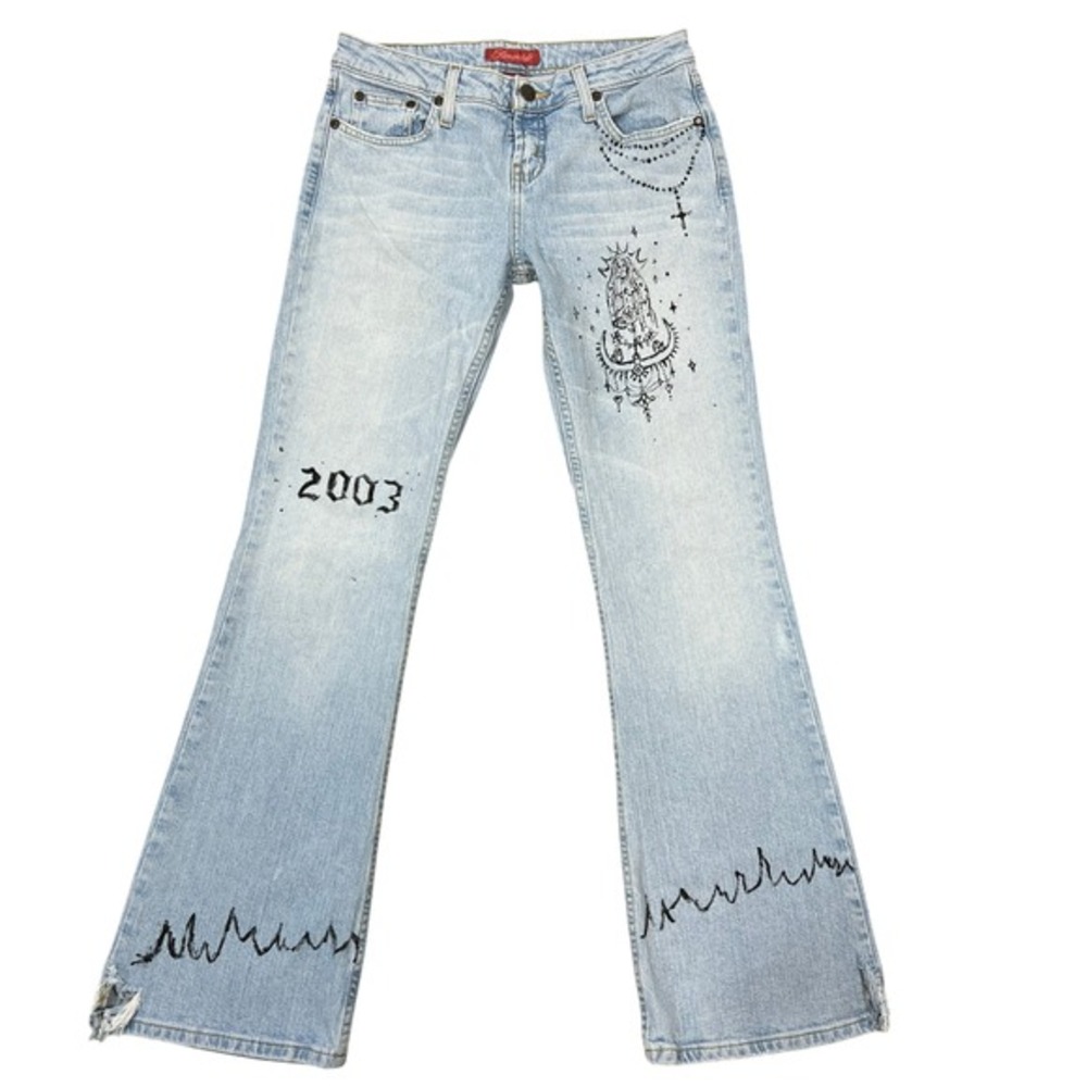 Y2K Low-Rise Flare Jeans 5/6R Hand-Drawn Custom Grunge Low-Rise Virgin Mary Goth